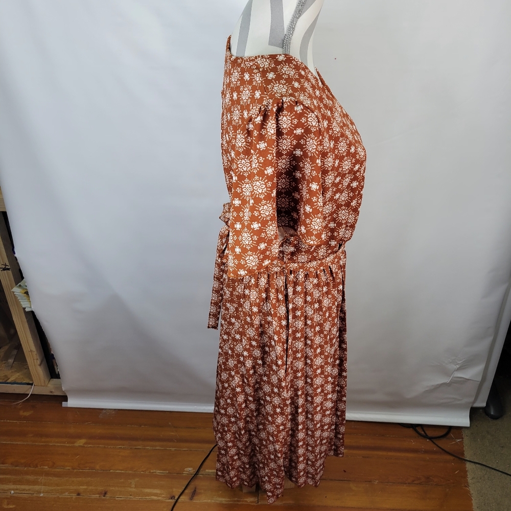 Lark +Grey Faux Wrap V Neck Dress Pleated Skirt Burnt Orange Dress Size XL - Picture 4 of 8